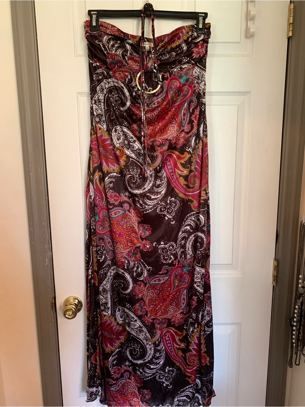 Strapless Paisley Maxi Dress in Brown with Multicolor Paisley Print